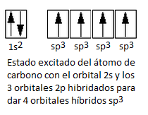 Estado excitado del carbono con los orbitales híbridos sp3