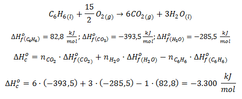 Cálculo de la entalpía de combustión del benceno a partir de las entalpías de formación