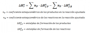 Fórmula general para el cálculo de la entalpía de reacción con las entalpías de formación