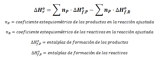 Fórmula general para el cálculo de la entalpía de reacción con las entalpías de formación