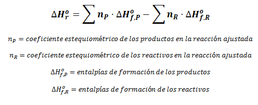 Fórmula general para el cálculo de la entalpía de reacción con las entalpías de formación