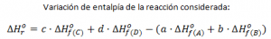 Variación de entalpía de la reacción de A y B con entalpías de formación