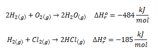 Ecuaciones termoquímica del ejercicio 15 de termodinámica: formación de agua y de HCl