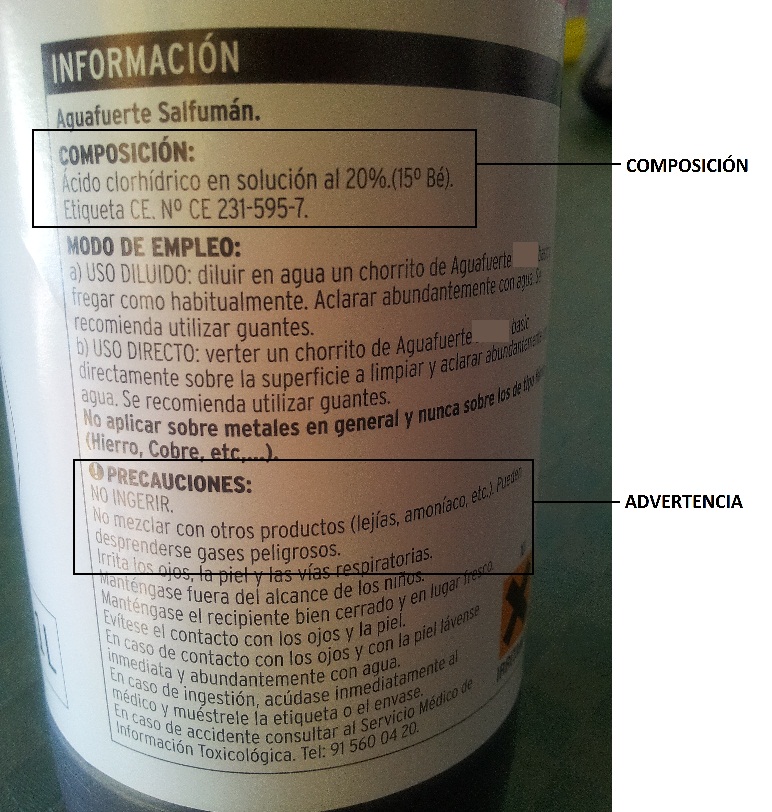 Etiqueta advertencia botella salfumán: ácido clorhídrico diluido