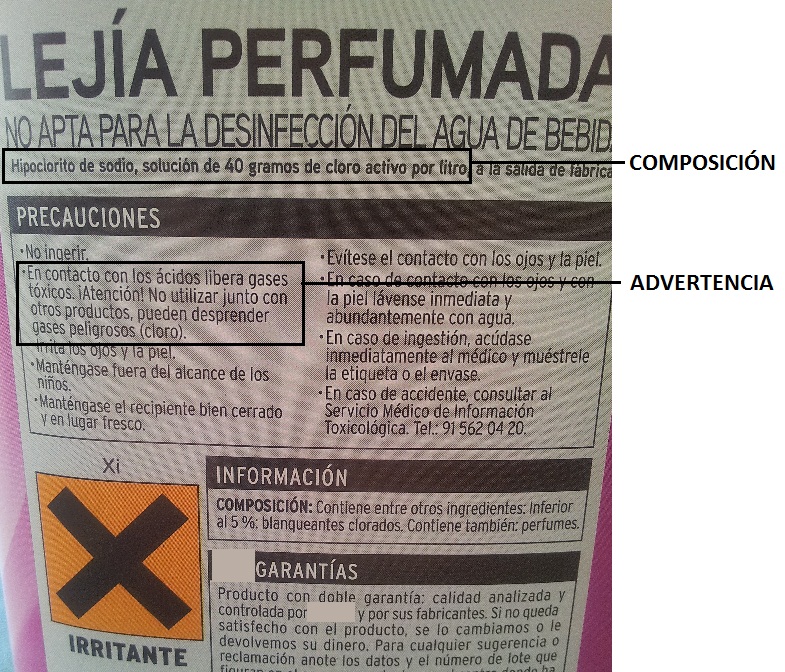 Etiqueta con advertencias de una botella de lejía: hipoclorito sódico