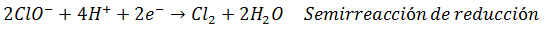Semirreacción de reducción en la reacción de lejía y salfumán: reducción del hipoclorito