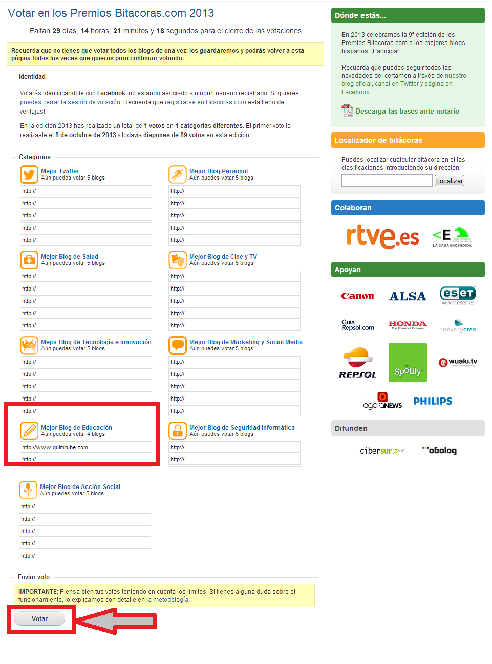 Votaciones de usuario en los Bitácoras 2013