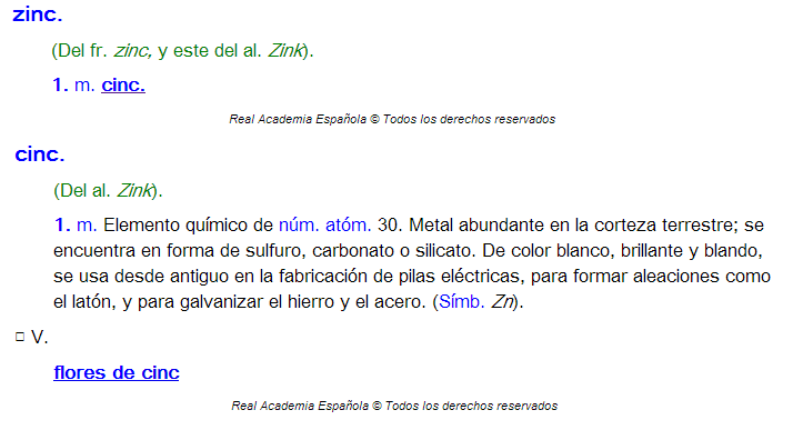 Entradas para las palabras zinc y cinc en el diccionario de la Real Academia