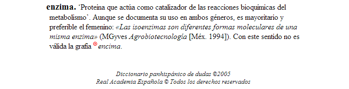 Enzima: entrada en el diccionario panhispánico de dudas de la RAE