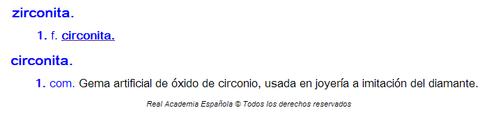 Zirconita o circonita: entrada del diccionario de la Real Academia