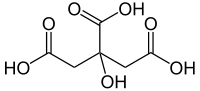 Fórmula química desarrollada del ácido cítrico, un ácido orgánico